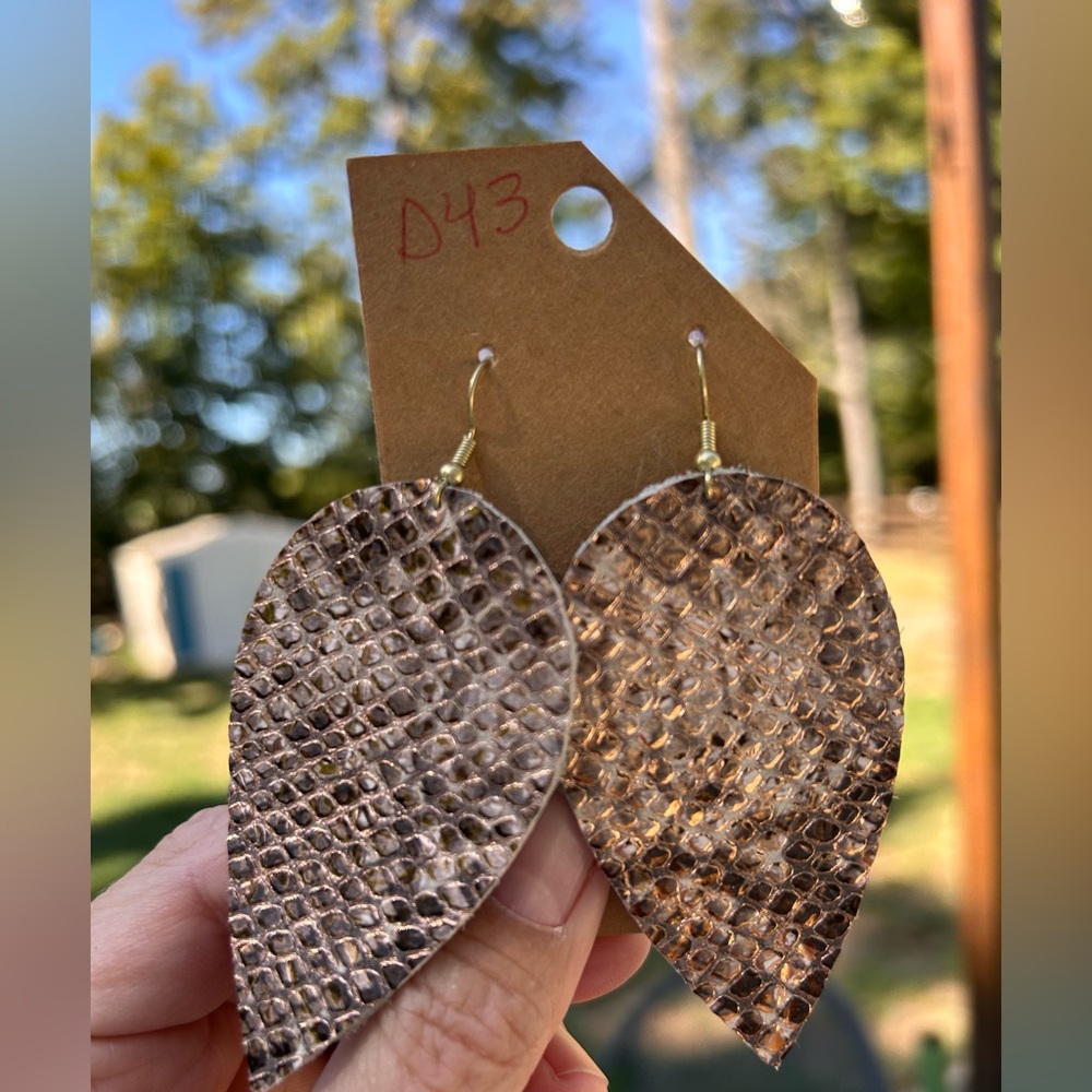 Genuine Textured Leather Teardrop Earrings- rose gold and tan
